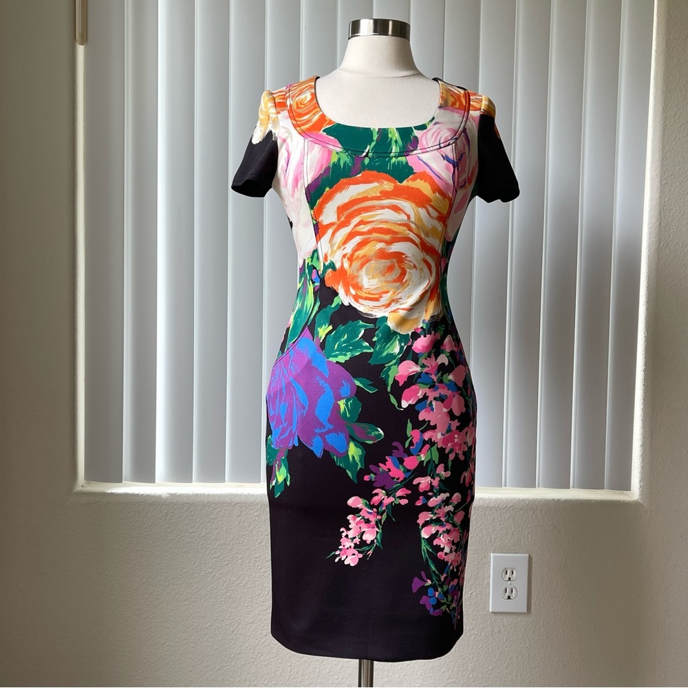 BLUMARINE Large Rose Floral Print Stretch Bodycon Dress Size: S  2327